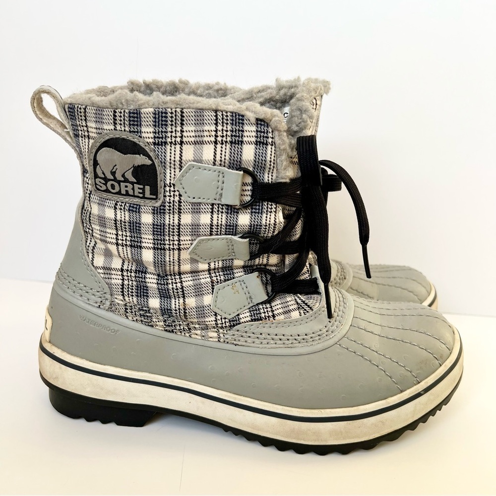 Sorel Tivoli Gray Plaid Lace Up Waterproof Snow Winter Boots Womans Size 6.5